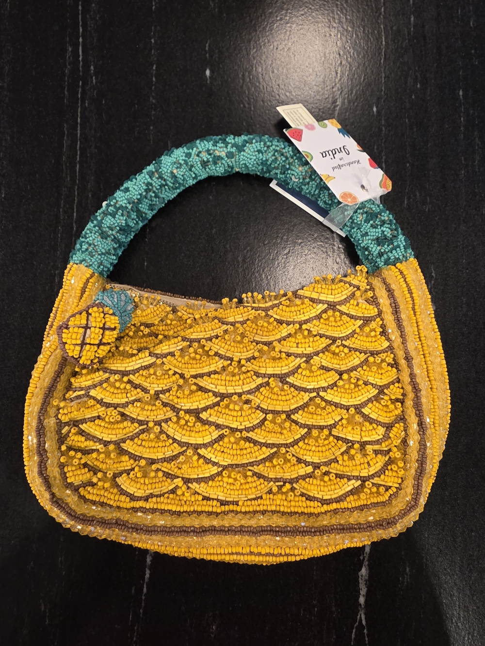 Hand-Beaded Yellow & Teal Women's Shoulder Bag